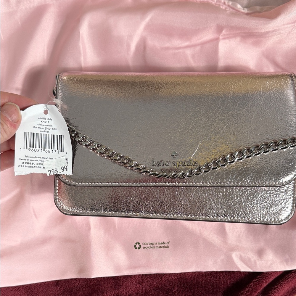 NWT Kate Spade Pink Metallic Crinkle Mini Flap Crossbody Silver Chain Clutch - Picture 2 of 15